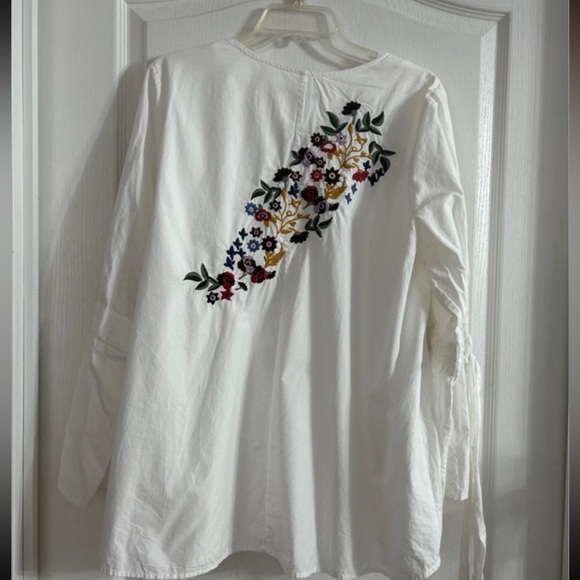 Blouse Femme Brodée Fleurie – Manches Lanternes, Coton Et Lin, Taille Unique
